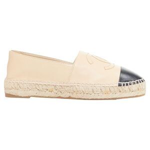CHANEL nude lamb leather CC logo black toe cap beige espadrille shoes EU38